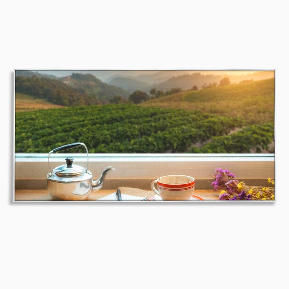 Tablou canvas cu tablou canvas cu peisaj matinal si ceainic pe pervaz, in rama de aluminiu argintiu